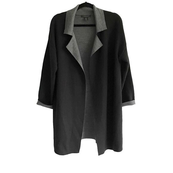(SOLD) TAHARI Wool Long Cardigan Sweater Coat Black Gray Size L - Picture 1 of 6